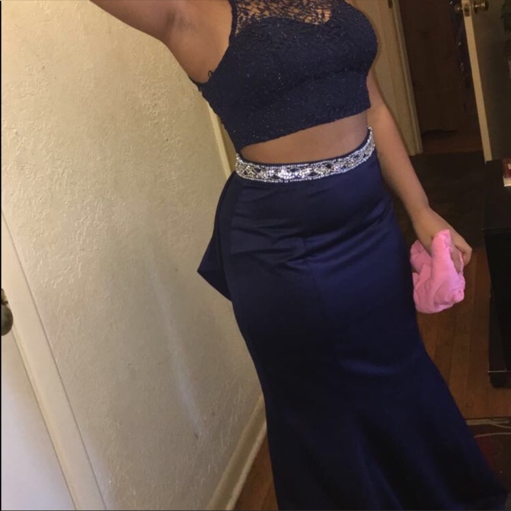 Sequin hearts navy 2 piece mermaid gown